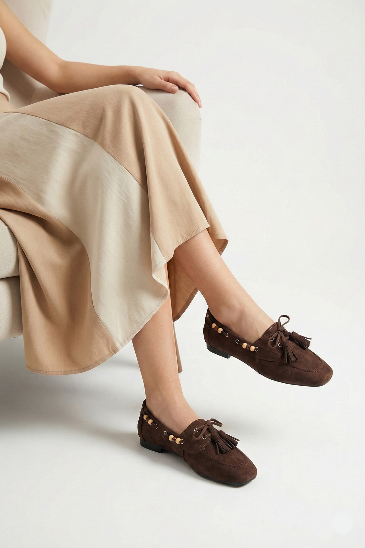 Elvessa  Kadın Acı Kahve Süet Püsküllü Boncuk Detaylı Rahat Taban Makosen Loafer Babet - Görsel 8