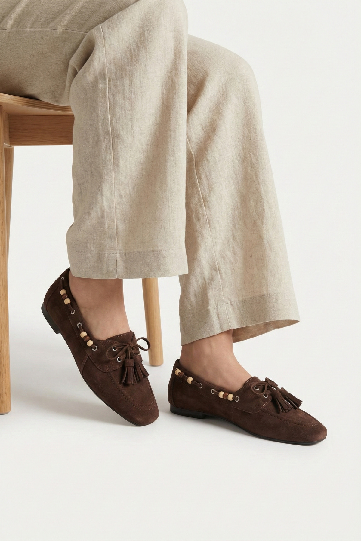 Elvessa  Kadın Acı Kahve Süet Püsküllü Boncuk Detaylı Rahat Taban Makosen Loafer Babet - Görsel 9