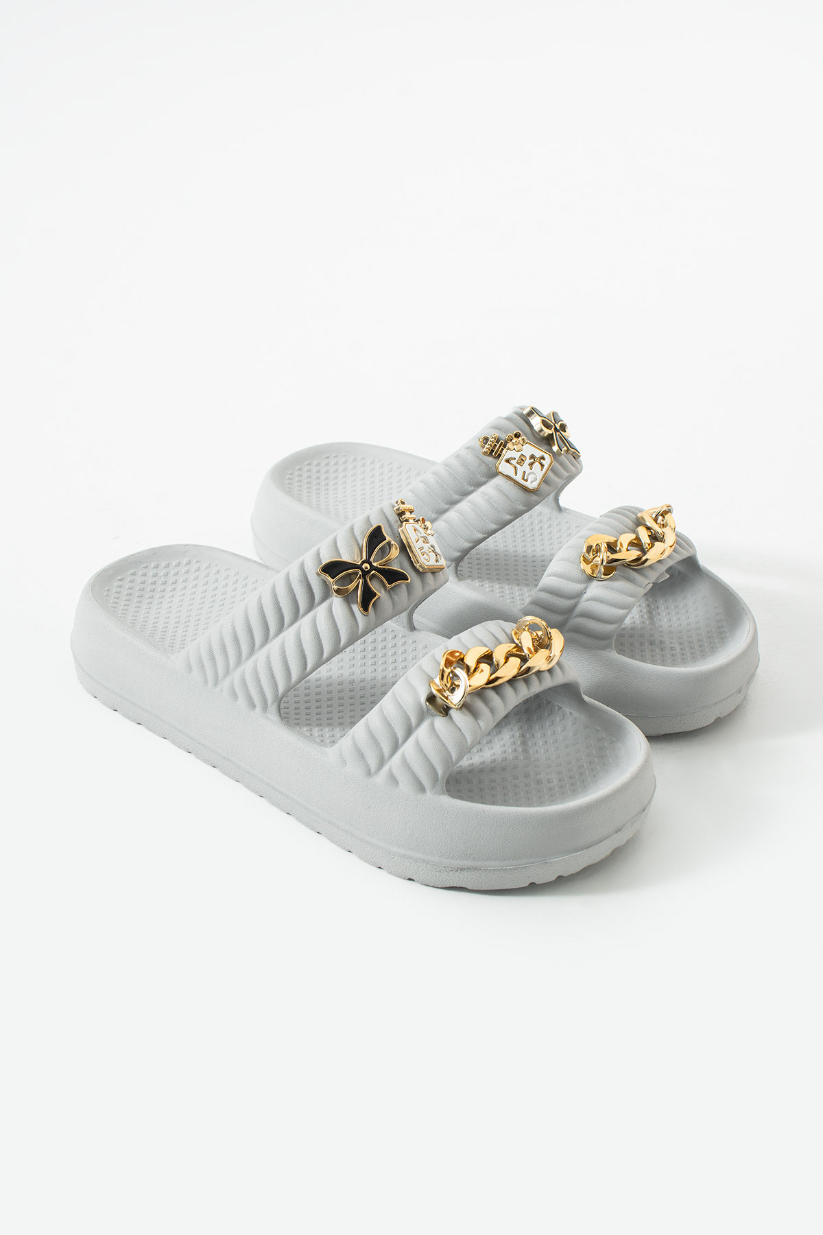 Women's Lightweight Eva Double Band High Sole Beach & Casual Summer Slippers with Chain & Flower Accessories