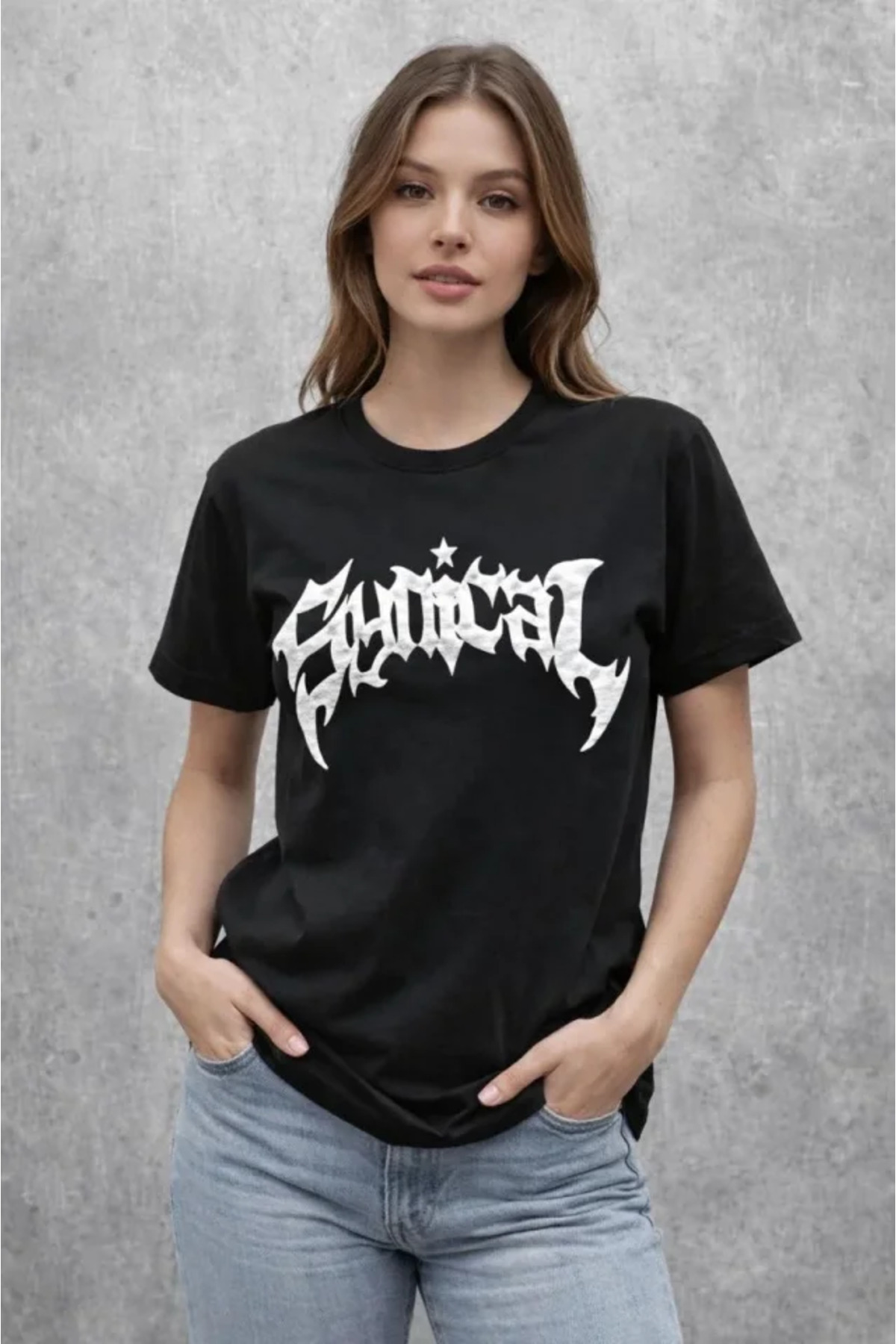 Bisiklet Yaka Ön Baskılı Kısa Kollu Tişört Streetwear Günlük Basic Pamuklu T-shirt - S