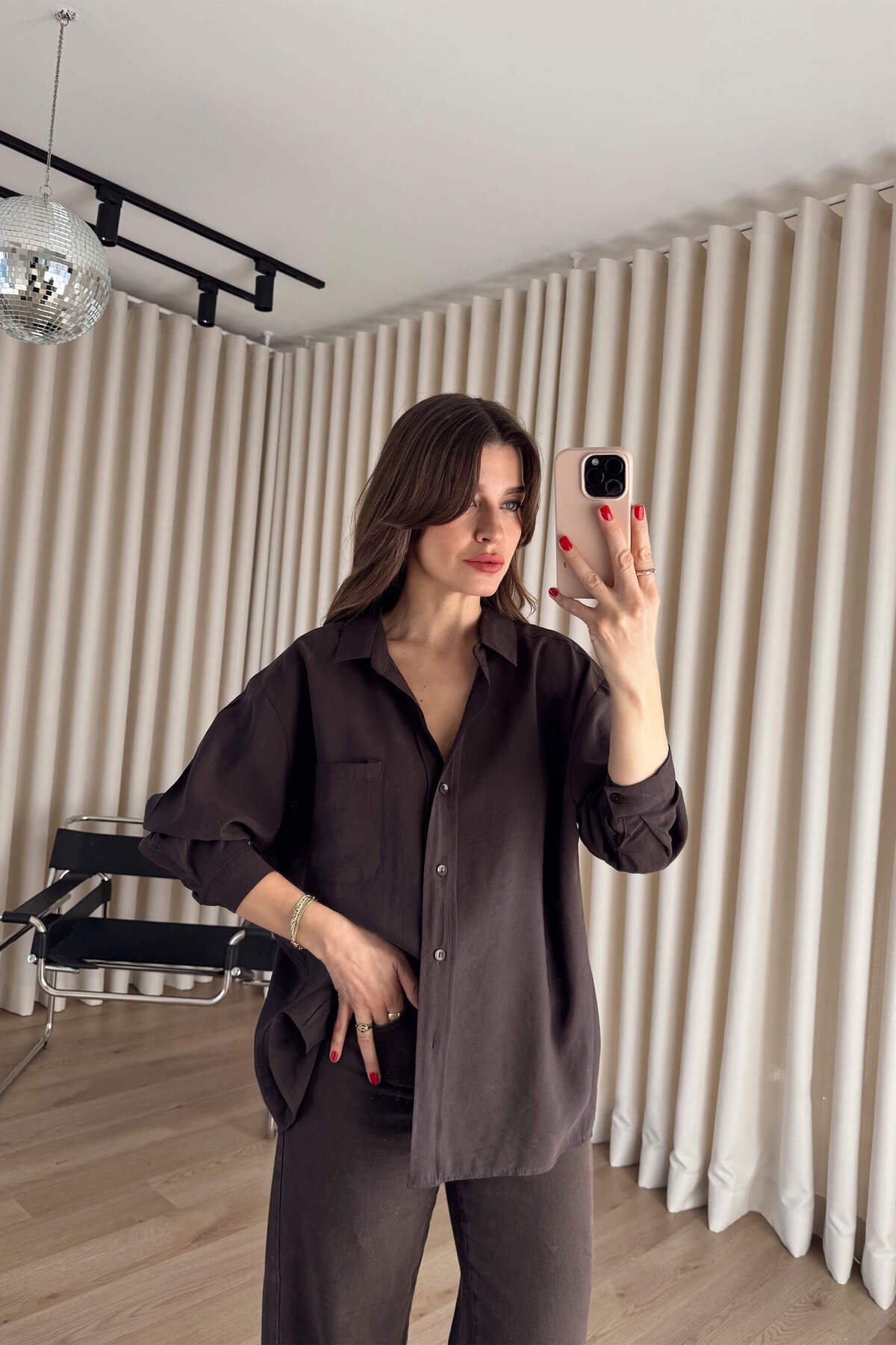 Sue Store  Kahverengi Oversize Modal Kumaş Gömlek