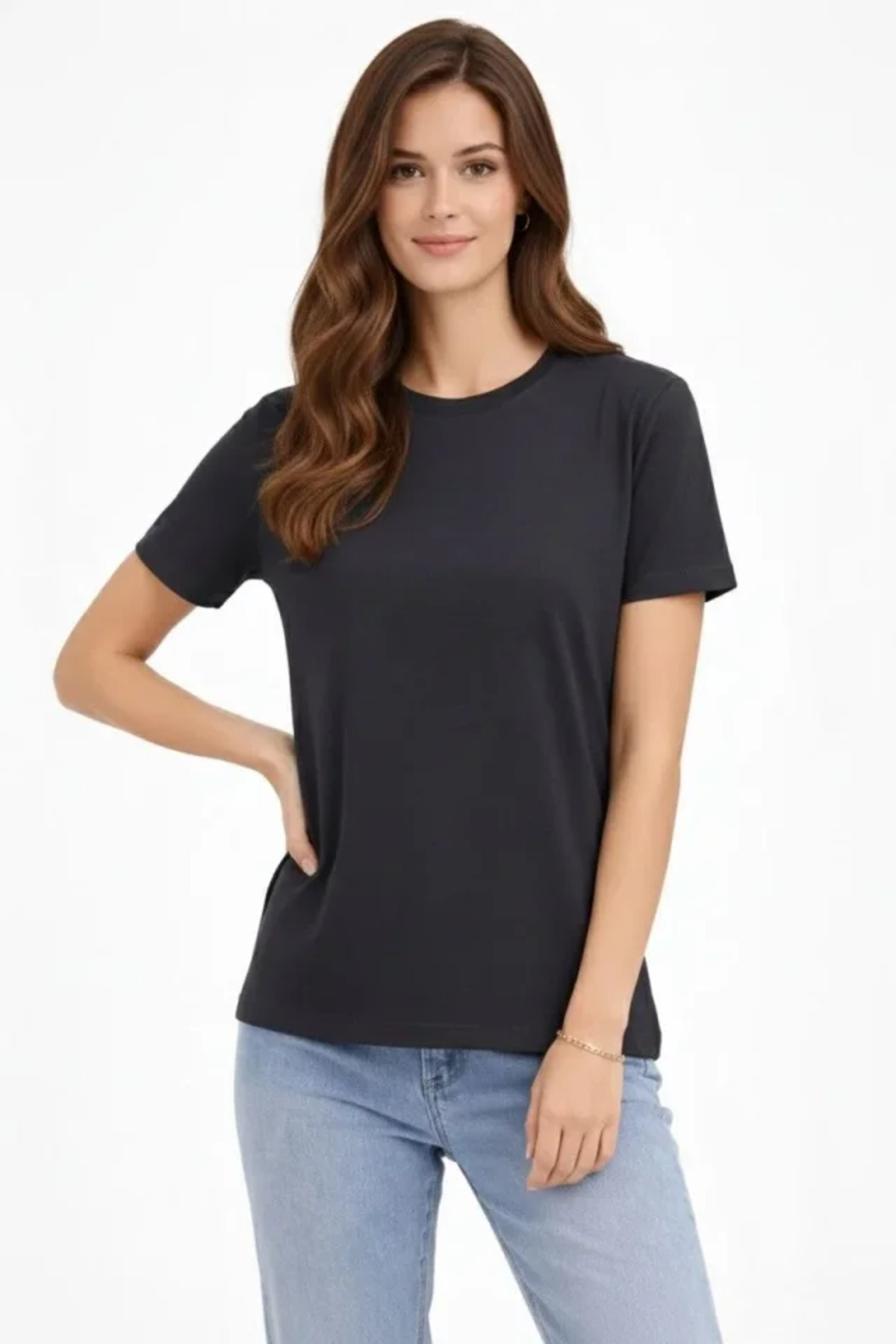 Bisiklet Yaka Tişört Regular Kalıp Basic Pamuklu Günlük Kullanım T-shirt - Füme alternatif görünüm