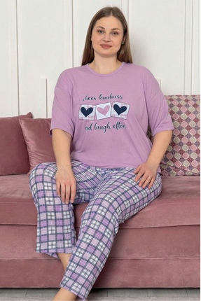Farya Home Büyük Beden Pamuklu Desenli Kısa Kollu Pijama Takımı