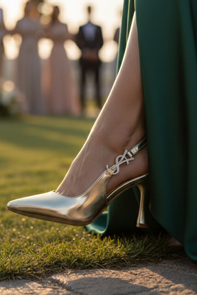 Moira Shoes Kadın Parlak Altın Rengi Taşlı Gold Tokalı Kadeh Topuklu Arkası A...