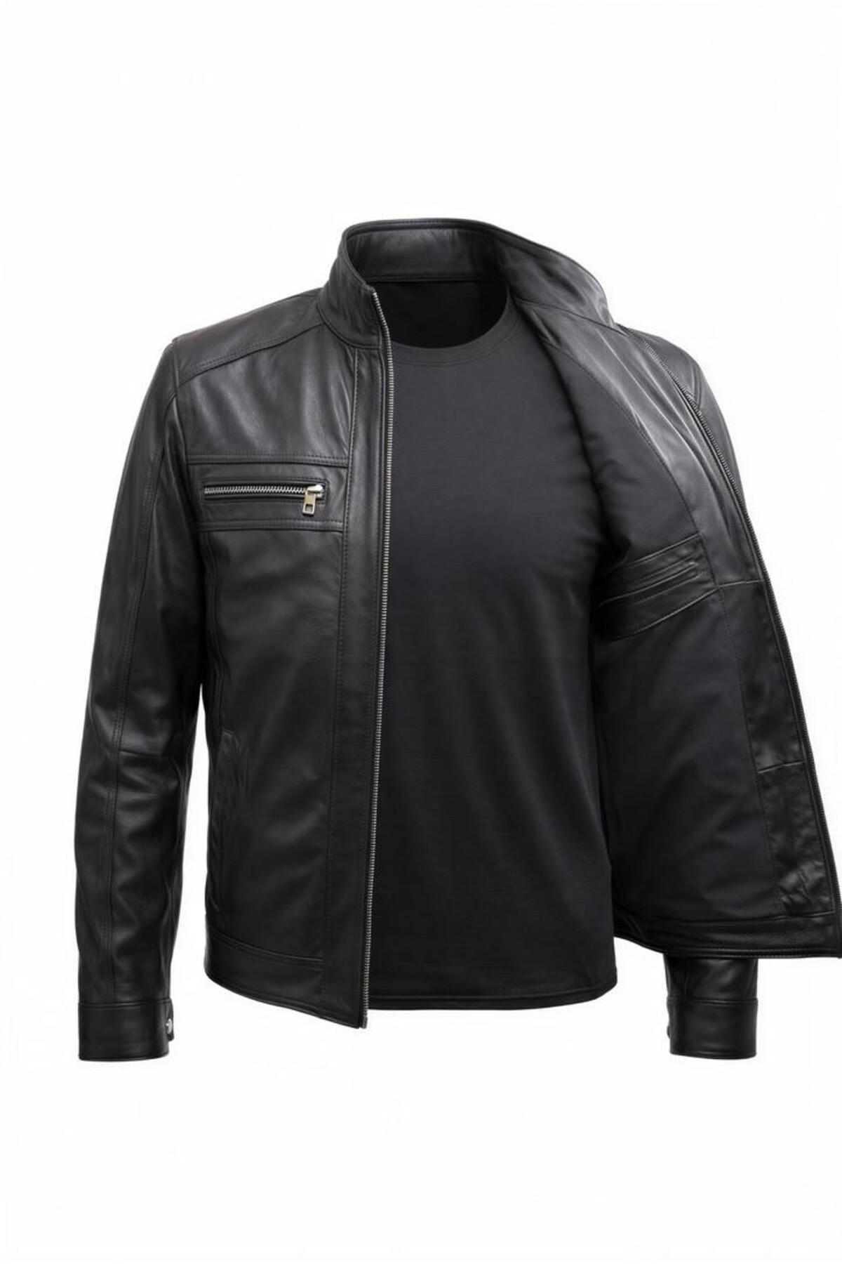 VELZANA  Hakiki Kuzu Derisi Erkek Deri Ceket Biker Racer Fermuarlı Siyah Deri Mont - Görsel 3