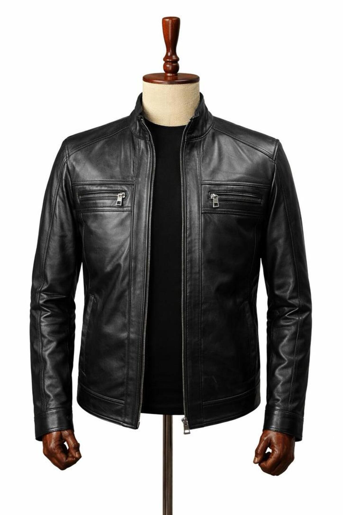 VELZANA  Hakiki Kuzu Derisi Erkek Deri Ceket Biker Racer Fermuarlı Siyah Deri Mont - Görsel 6