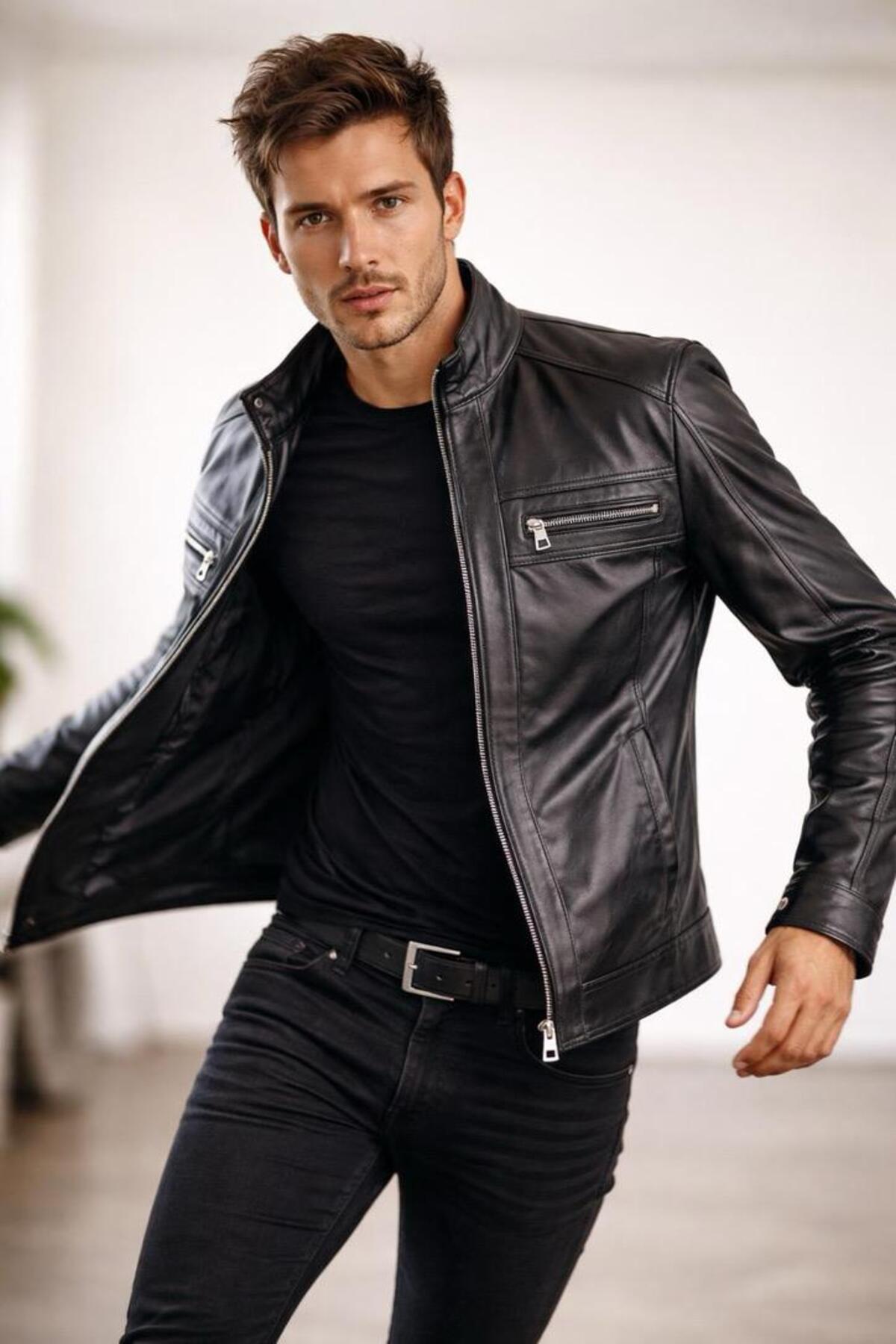 VELZANA  Hakiki Kuzu Derisi Erkek Deri Ceket Biker Racer Fermuarlı Siyah Deri Mont - Görsel 5