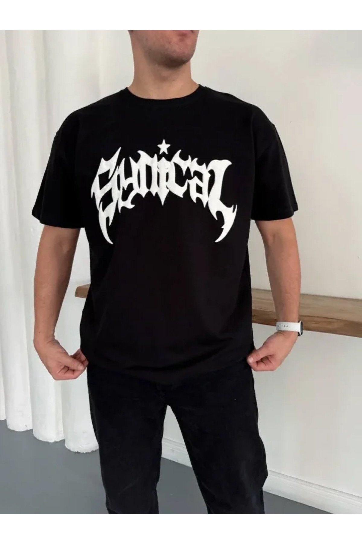 Erkek Bisiklet Yaka Ön Baskılı Kısa Kollu Tişört Streetwear Günlük Basic Pamuklu T-shi alternatif görünüm