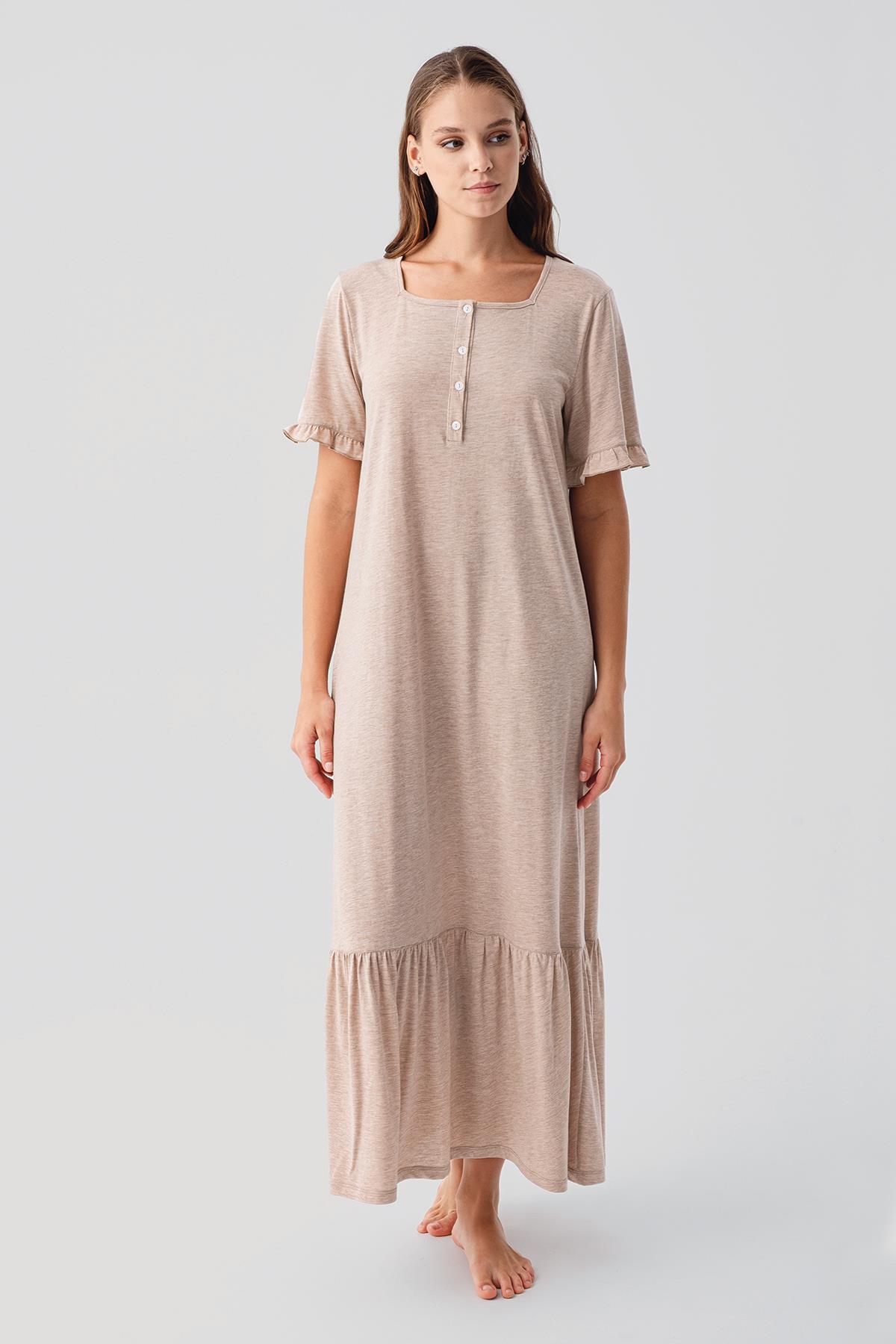 Artış Kısa Kollu Düğmeli Fırfırlı Pamuklu Uzun Gecelik