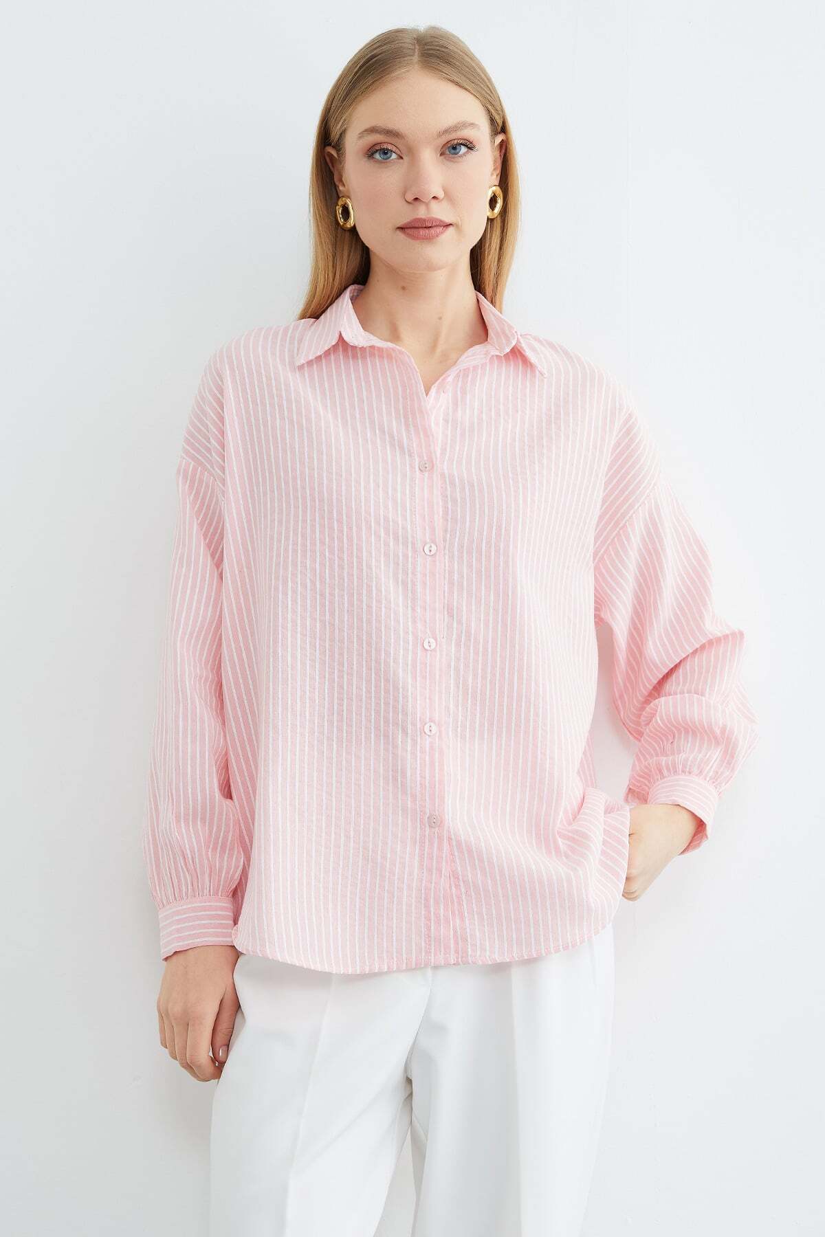 Fullamoda  Çizgili Arkası Uzun Oversize Gömlek - Görsel 4