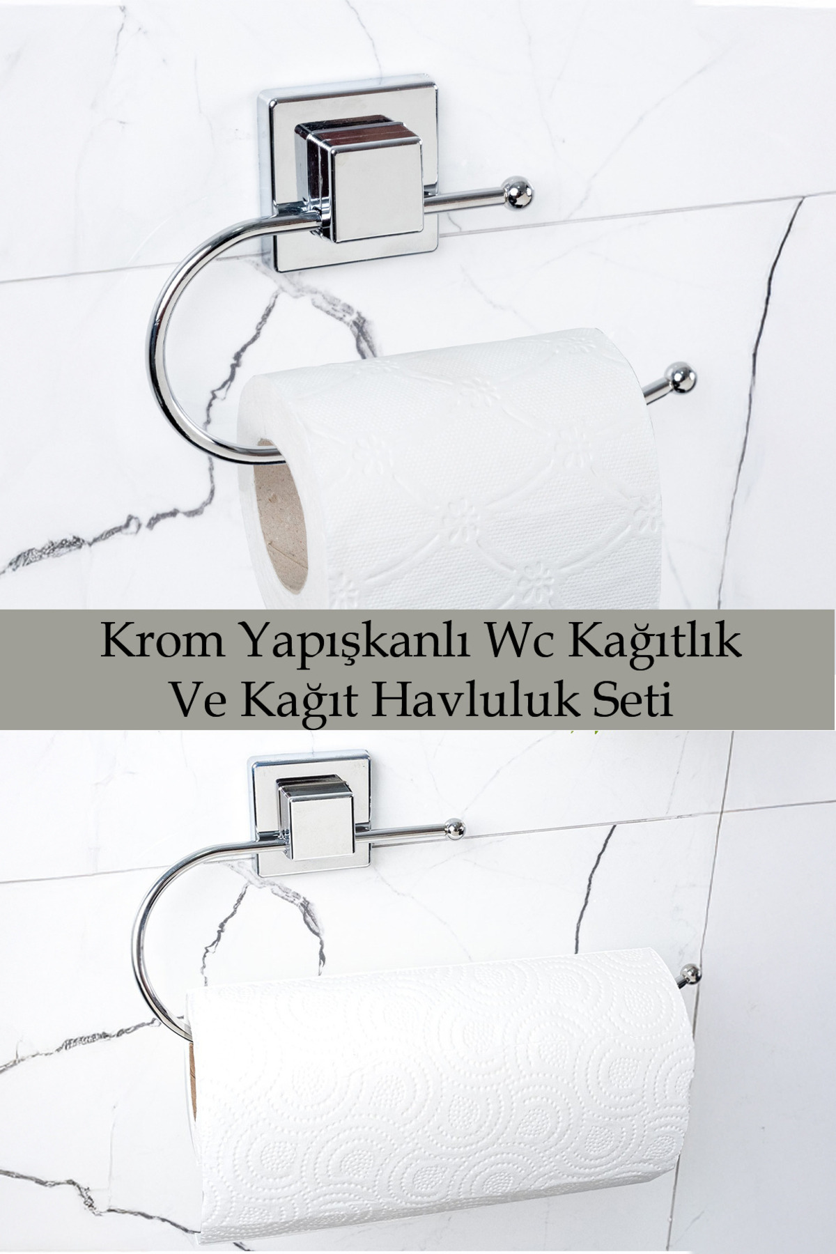 603 + 604 Chrome Double Set, Square Adhesive Toilet Paper Holder and Paper Towel Holder