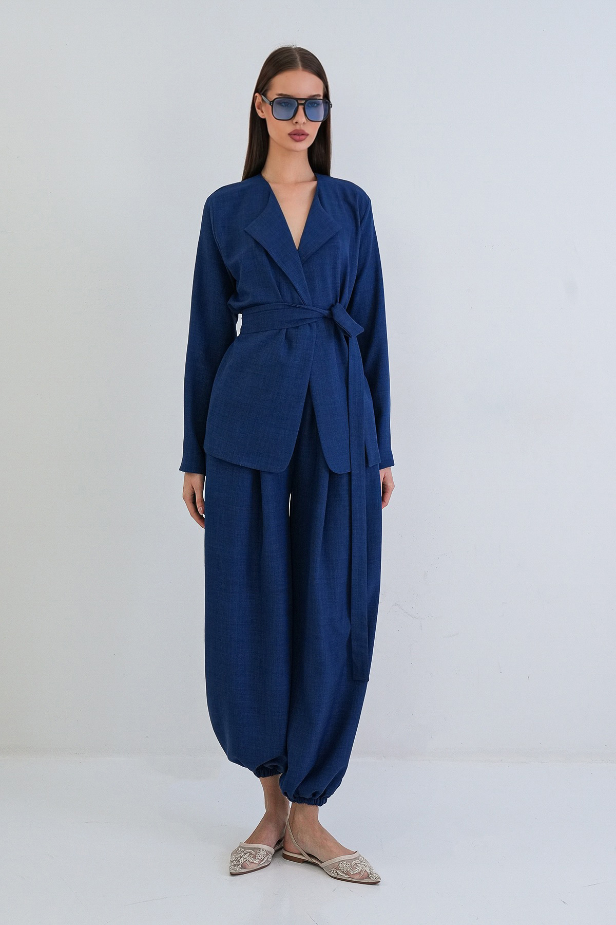 Navy Blue Sofia Flax Leg Elastic Jogger Trousers And Self-Belted Jacket Set ALC-X15299