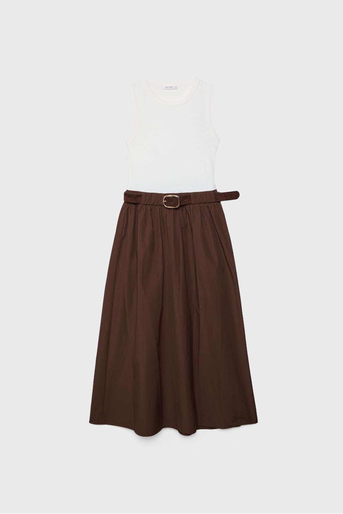 Stradivarius  Kolsuz iki malzemeli kemerli midi elbise - Görsel 6