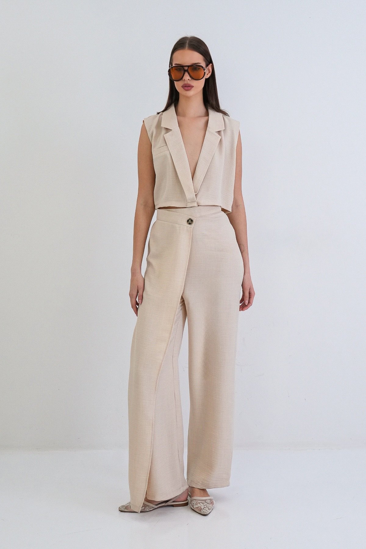 Cream Sofia Linen Vest And Anvelop Cut High Waist Zippered Pants Set ALC-X15300