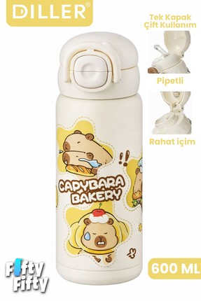 Vagonlife DILLER 600 ML Kapibara Desenli Tek Kapak Çift Kullanım Pipetli Pipe...