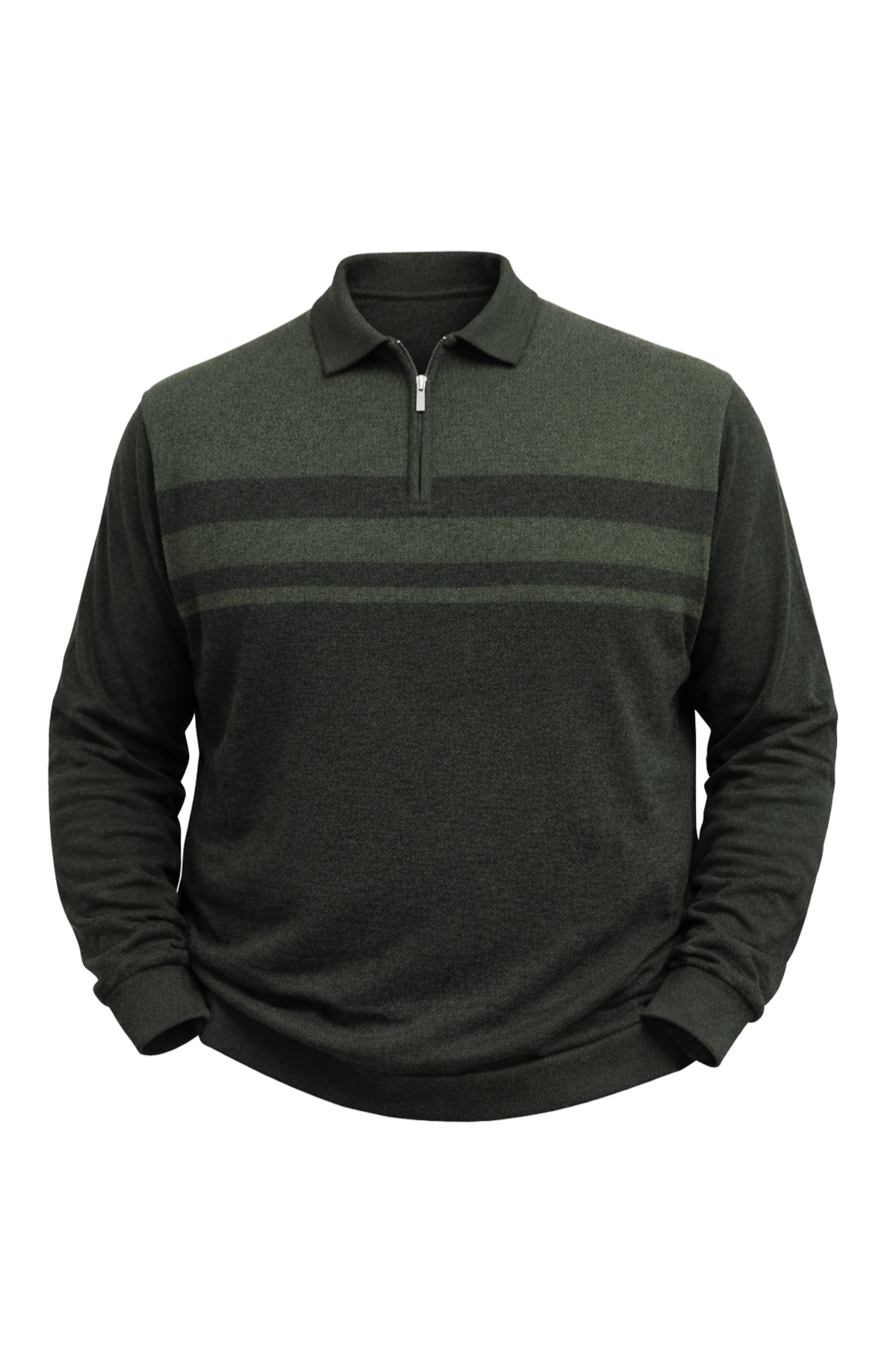 BattalModa Erkek Büyük Beden Haki Polo Yaka Çizgili Fermuarlı Triko Kazak 3XL-4XL-5XL-6XL görsel 4
