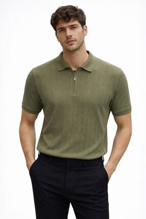 BOLD 2026 Yeni Sezon Fermuarlı Triko Polo Yaka T-Shirt Modern Çizgili Dokulu ...