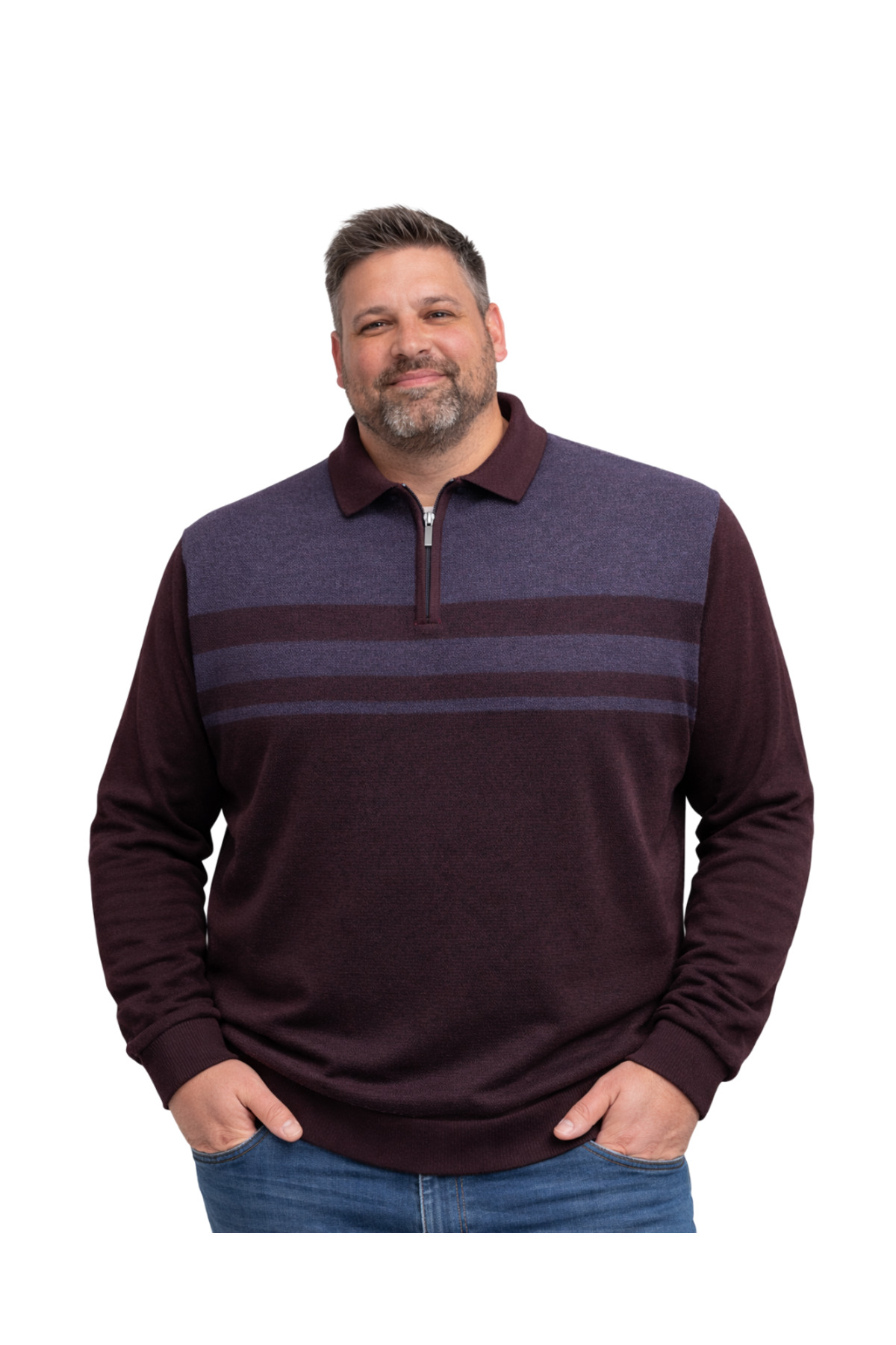 BattalModa Erkek Büyük Beden Bordo Polo Yaka Çizgili Fermuarlı Triko Kazak 3XL-4XL-5XL-6XL