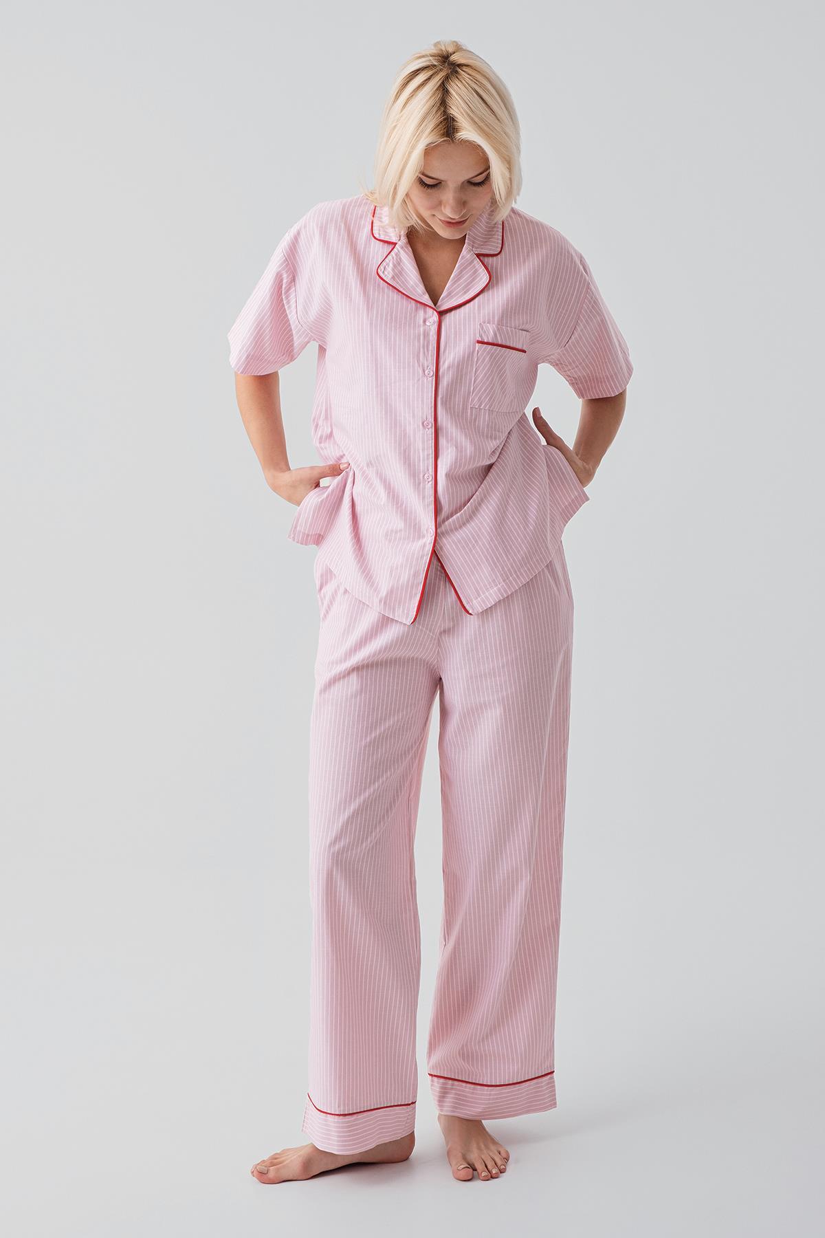 Short Sleeve Buttoned Striped Woven 100% Cotton Pajamas Set