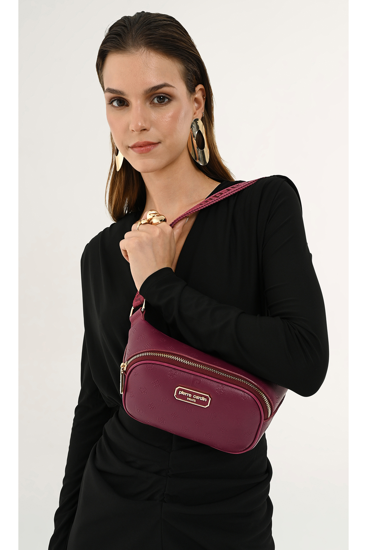 Pierre Cardin Limited Edition Vişne Ayarlanabilir Klipsli Askılı Fermuar Kapamalı Kadın Omuz Çantası Bel Çantası