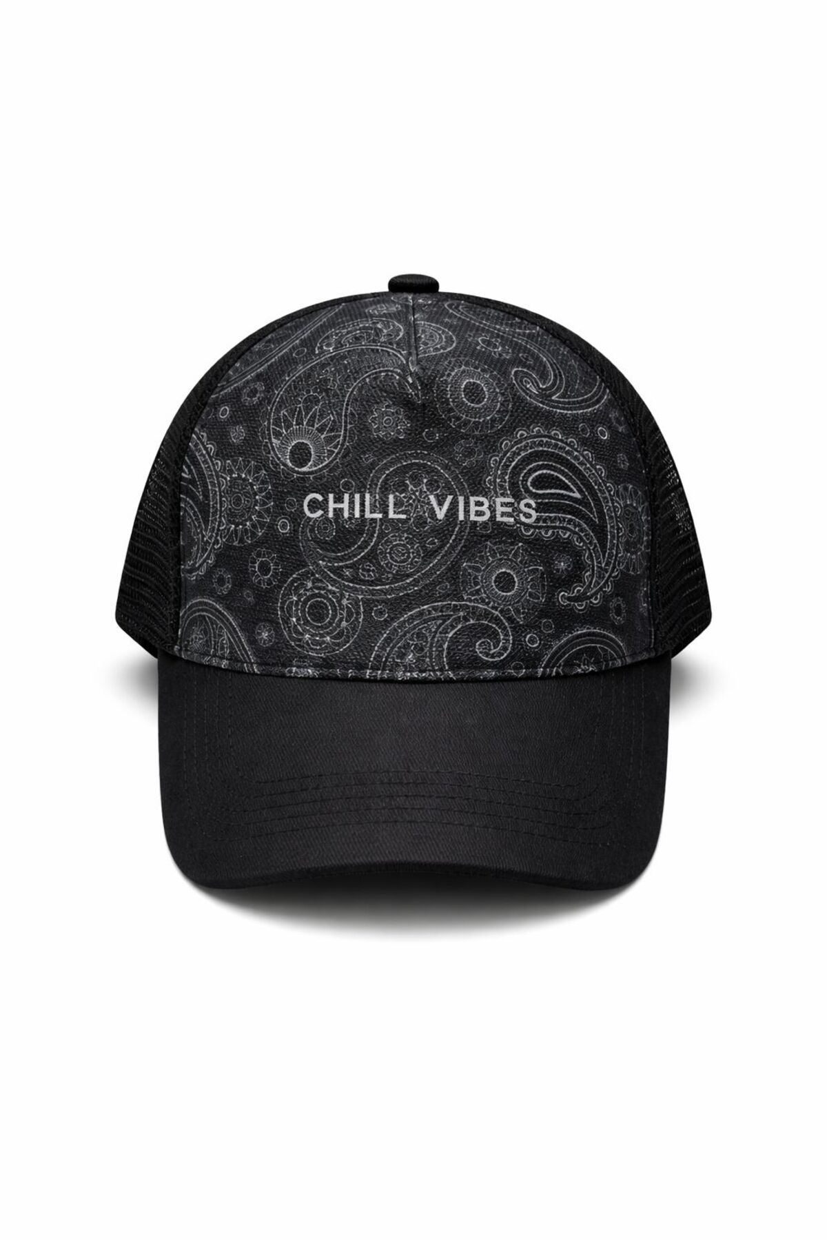 GYES Chill Vibes Written Black Trucker Hat with Paisley Pattern, Mesh, Adjustable Unisex Model