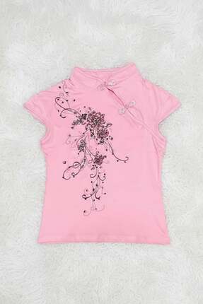 Karakedi Pembe China Vintage Style Mandarin Yaka Flowers Kısa Kollu Bluz