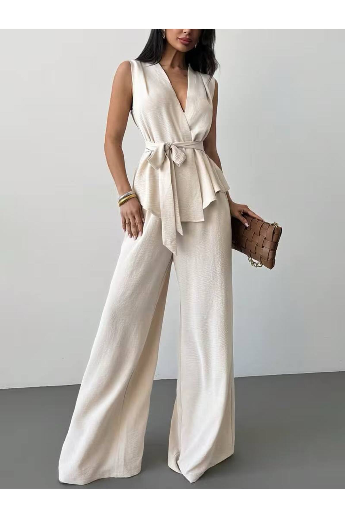 MEECY Kupite Na vezivanje bezrukavne jakne i Visok struk Tencel pantalona Gor...