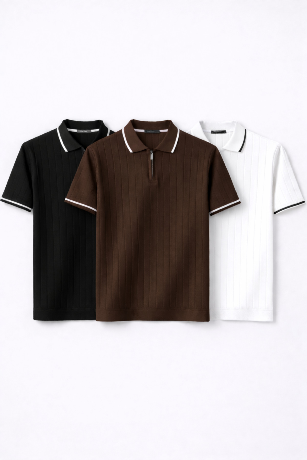 Erkek Fitilli Triko Polo Yaka Tişört 3’lü Set – Terletmeyen Pamuklu Yazlık Likralı