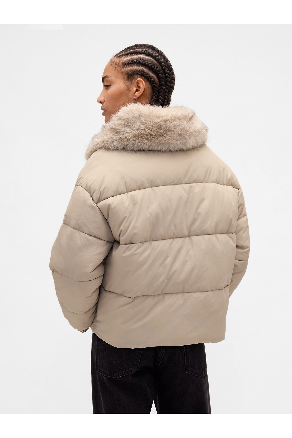 GAP Kadın Bej Faux Fur-Trim Puffer Şişme Mont görsel 4