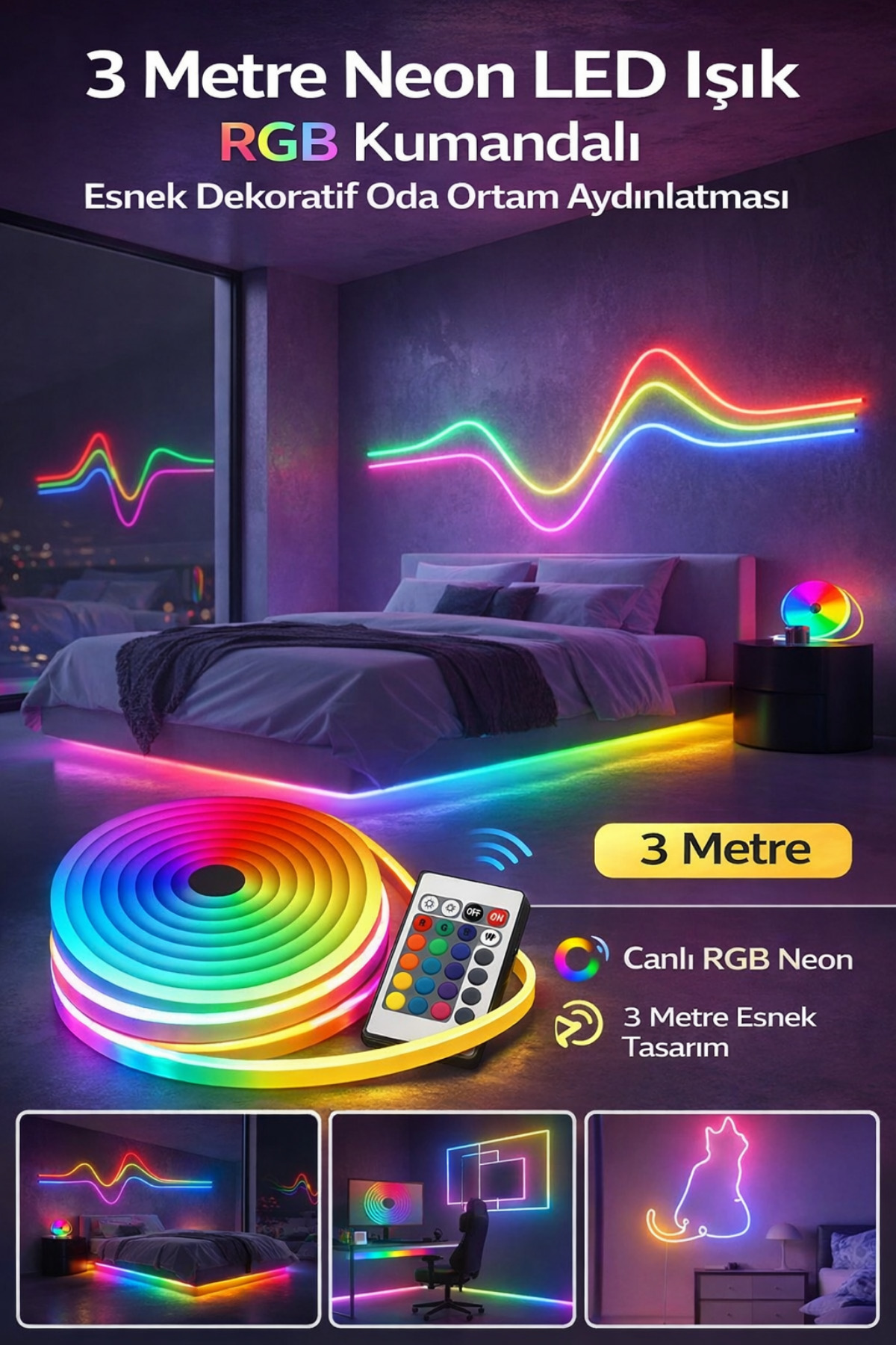 Hane Dostu 3 Metre Neon LED Işık RGB Kumandalı Esnek Dekoratif Oda ...