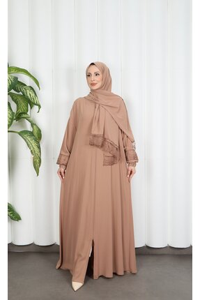 HNT Hayrunnisa Tesettür Kendinden Şallı Fermuarlı Namaz Elbise Camel HNT7068
