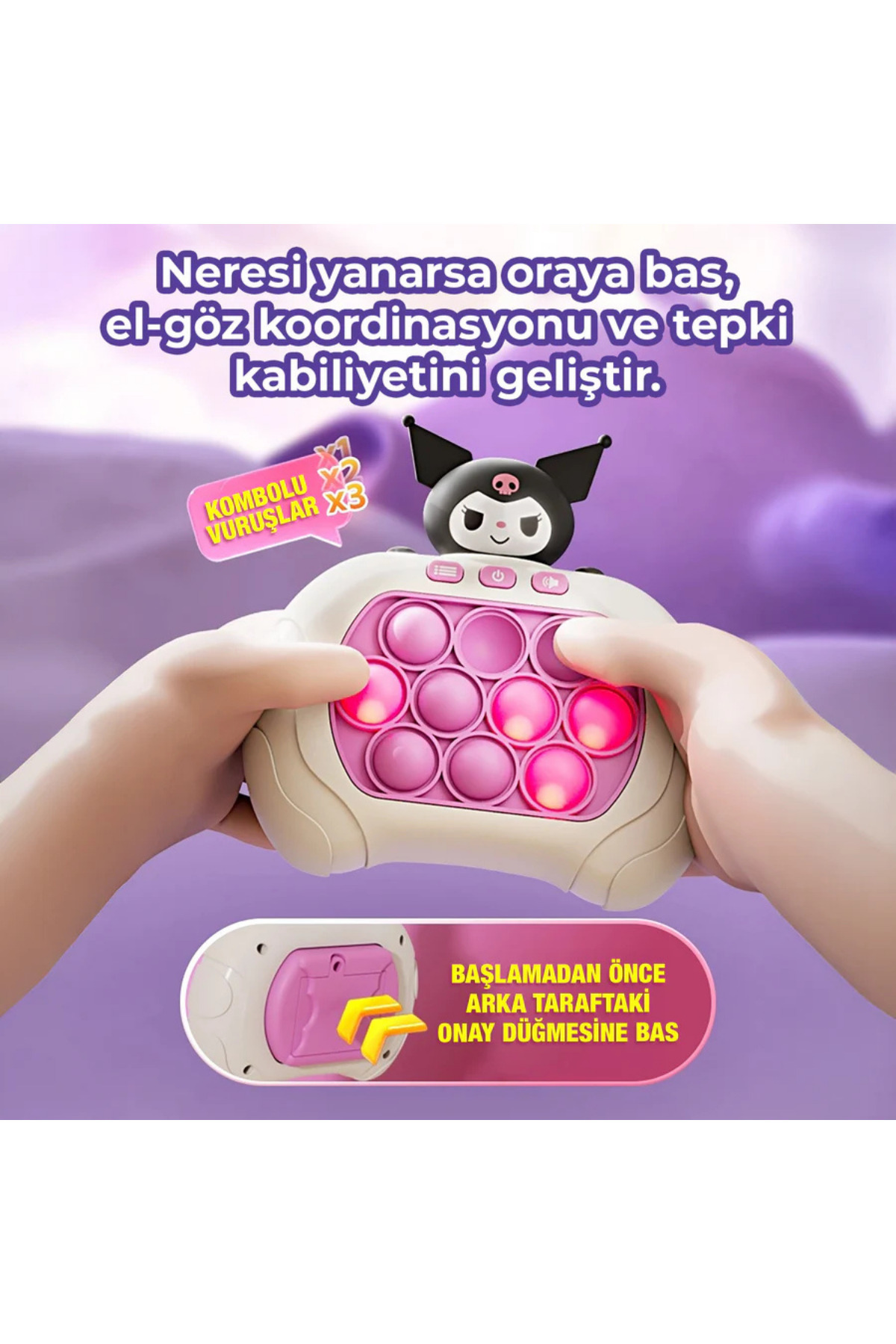 düşler oyuncak dünyası Işıklı Sesli Müzikli Kuromi Karakterli Popit Pilli Eğitici Stres Giderici Quick Push Konsol KUROMİ fotoğrafı 2 (önizleme)