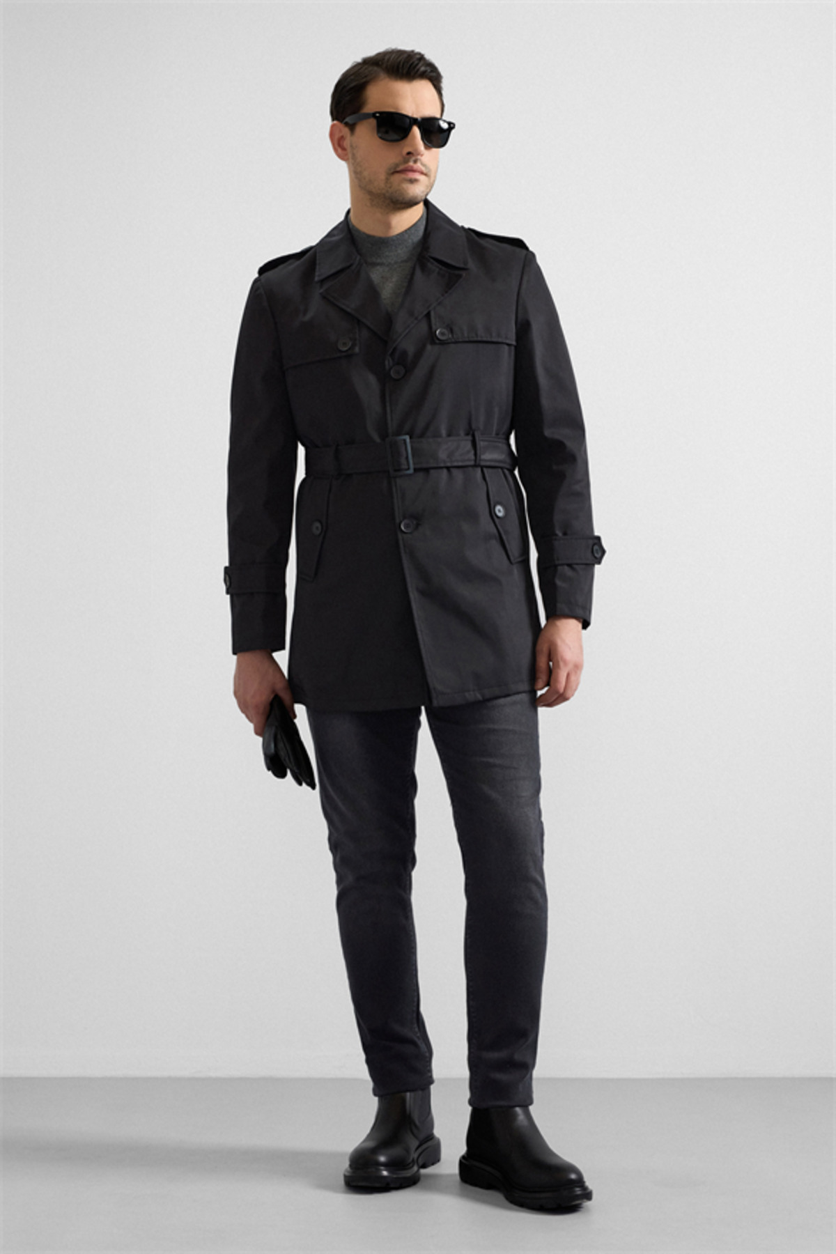 SÜVARİ  Siyah Slim Düz Cepsiz Trençkot - Görsel 6