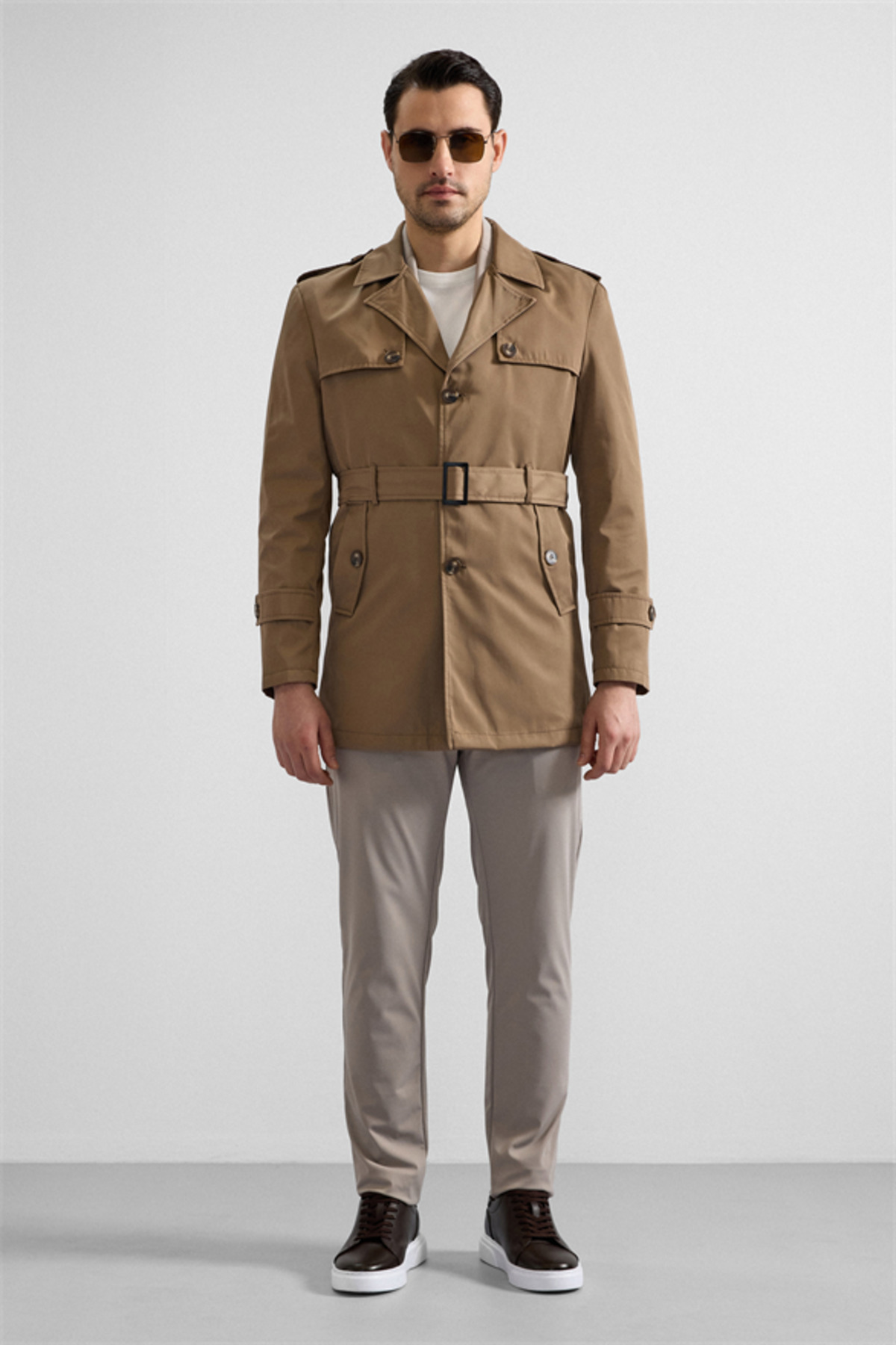 SÜVARİ  Bej Slim Düz Cepsiz Trençkot - Görsel 8