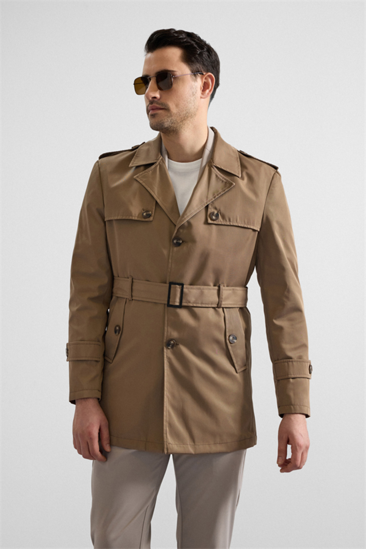 SÜVARİ  Bej Slim Düz Cepsiz Trençkot - Görsel 3