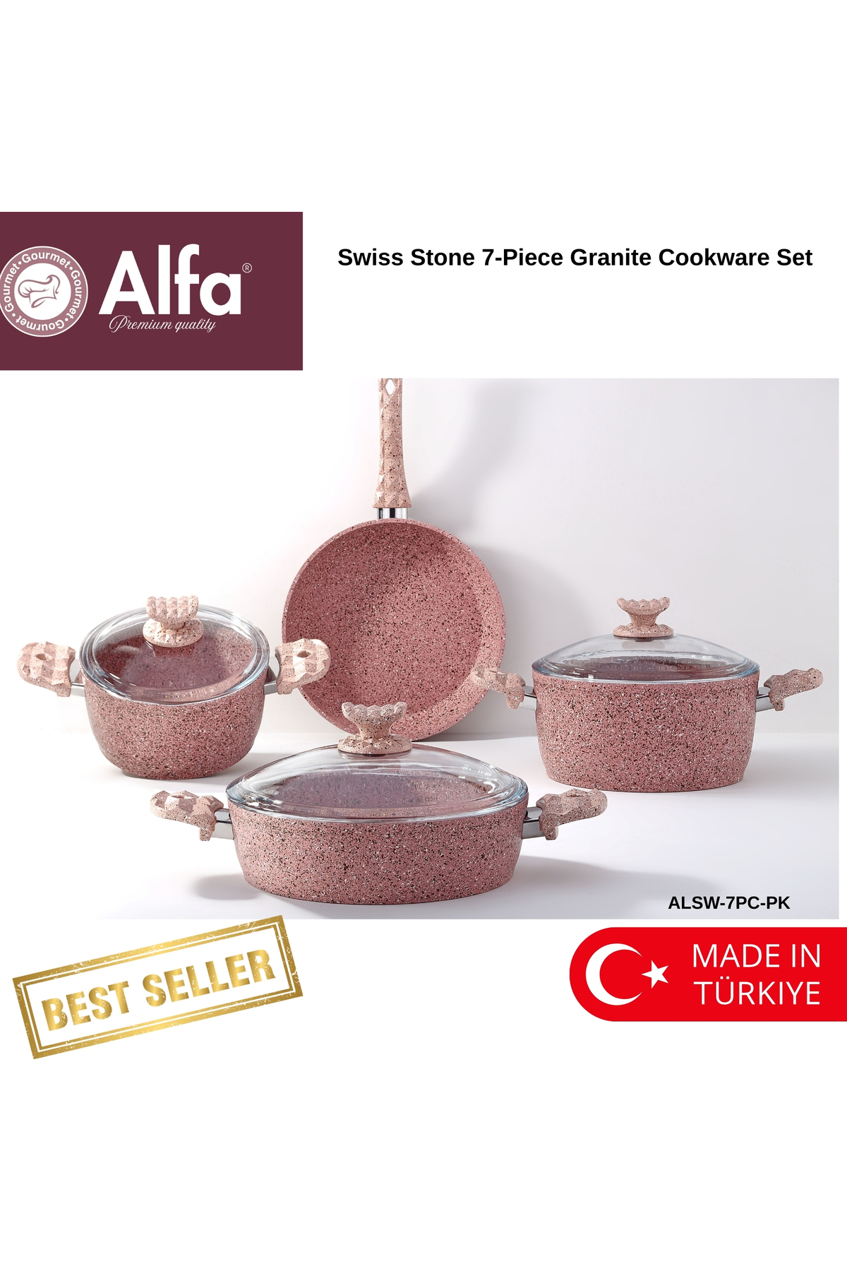 Alfa 7 Piece Swiss Stone Granite Cookware Set – Induction Base | Non-Stick | healthy cooking | PINK