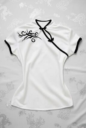 ARS Butik Çin Yakalı Floral Motifli Beyaz Şeritli Vintage Y2K Kısa Kollu Bluz