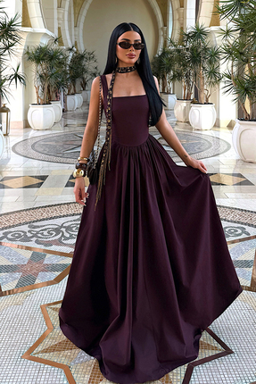 Eyyo Vişne Çürüğü Boundless Piliseli Kare Yaka Uzun Abiye Elbise ATE-4195