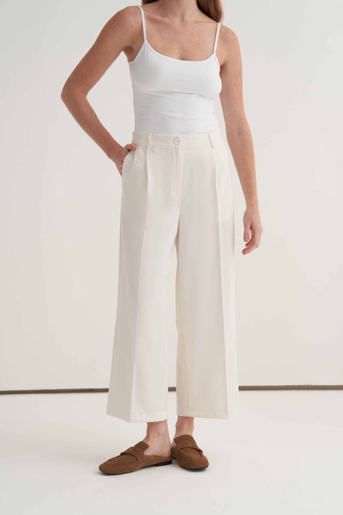 ebu prive  Kadın Düz Kesim Pensli Pantolon Ekru - Görsel 3