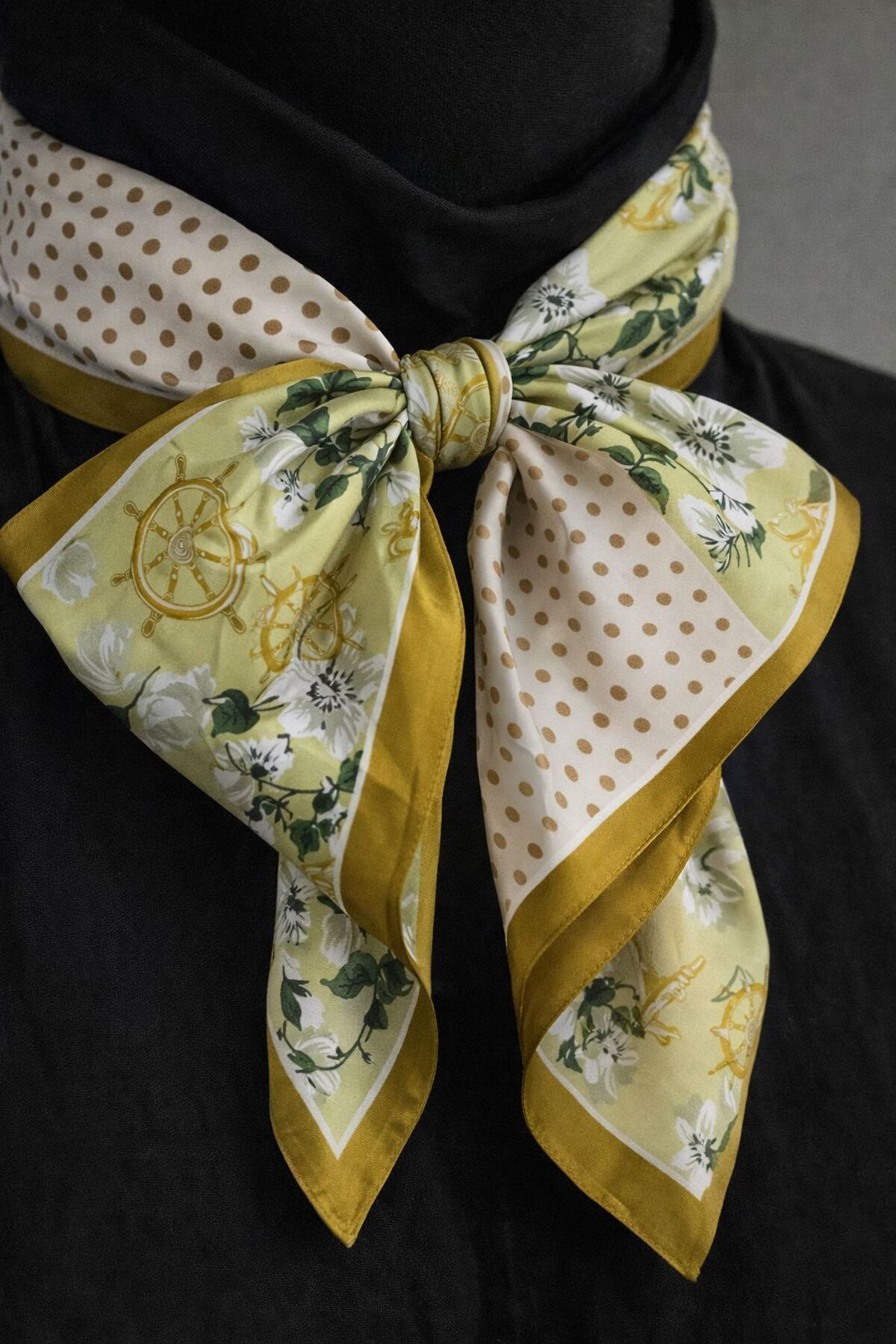 Women's Mustard Yellow Floral Polka Dot Satin Scarf 70x70