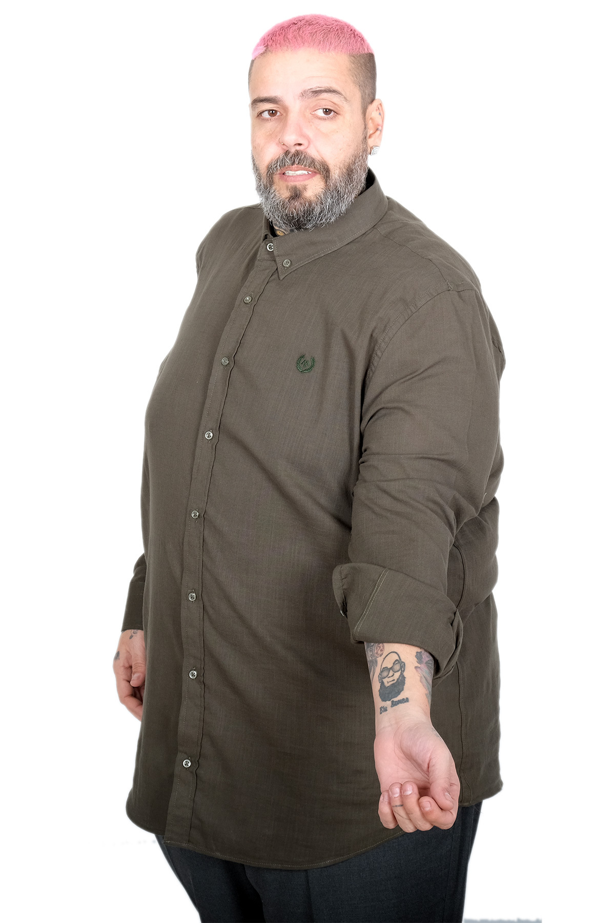 ModeXL Mode XL Büyük Beden Erkek Uzun Kollu Keten Gömlek 20396 HAKİ