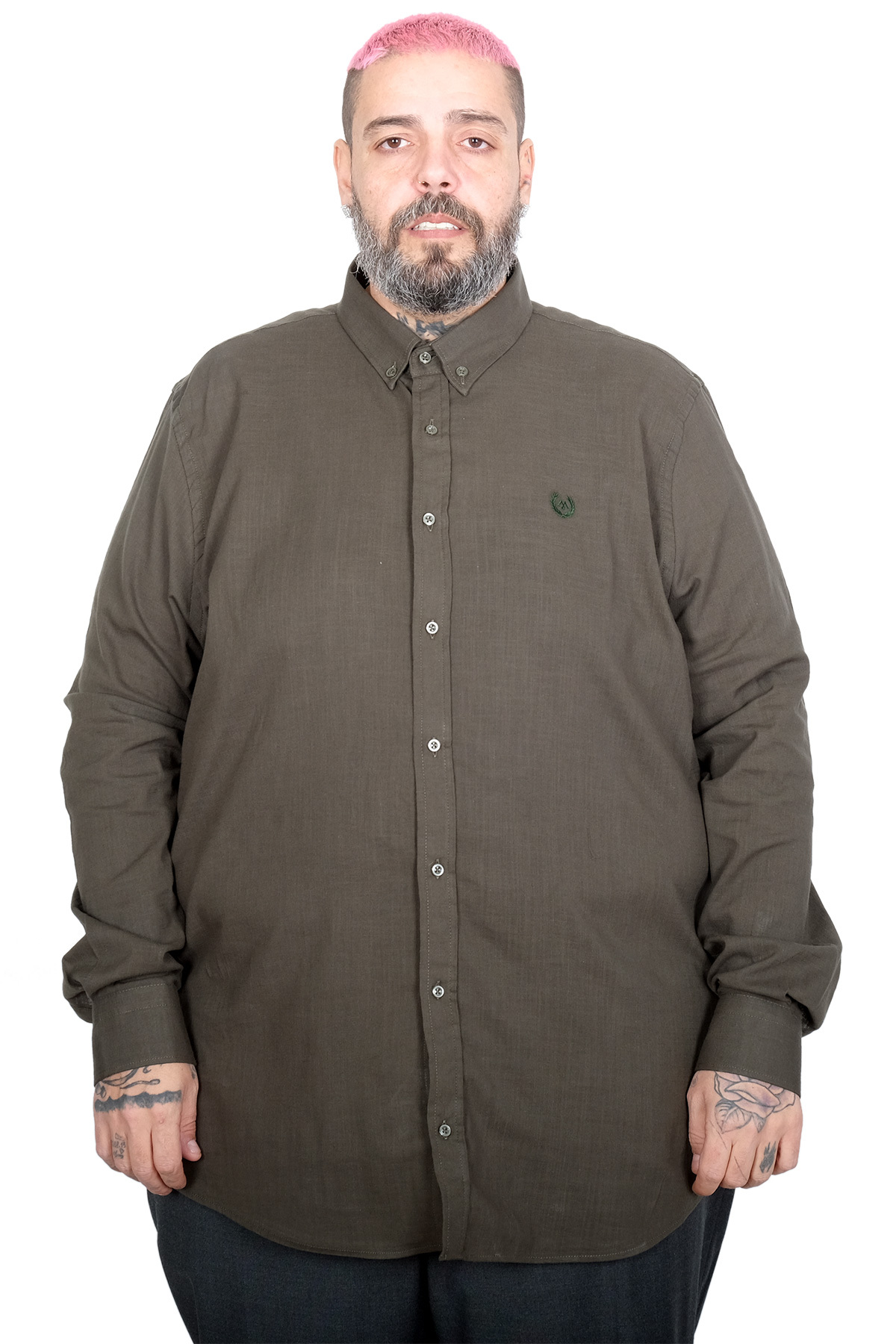 ModeXL Mode XL Büyük Beden Erkek Uzun Kollu Keten Gömlek 20396 HAKİ görsel 2