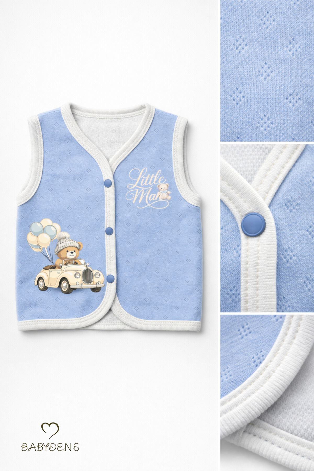 BABYDEN'S Erkek Bebek 3’lü Jakarlı Yelek Set Çıtçıtlı Bebek Yeleği Ayıcık Baskılı,Pamuklu,Yenidoğan Yelek Seti fotoğrafı 2 (önizleme)