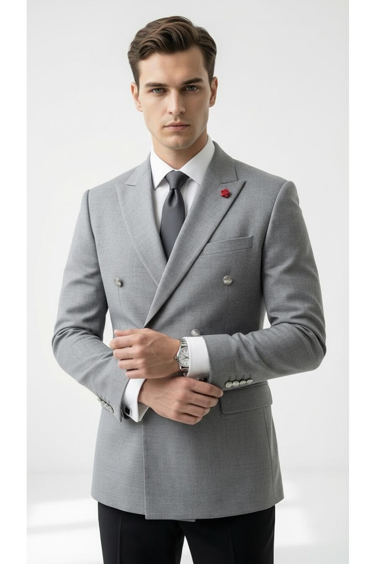 Plus Scorpion  Slim Fit Erkek Kruvaze Blazer Ceket – Silver Düğme Detaylı Premium Tasarım - Görsel 3