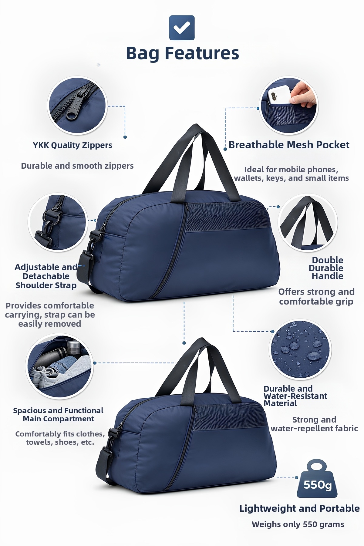 حقيبة يد للسفر من Kaff باللون الأزرق الداكن مع جيب...