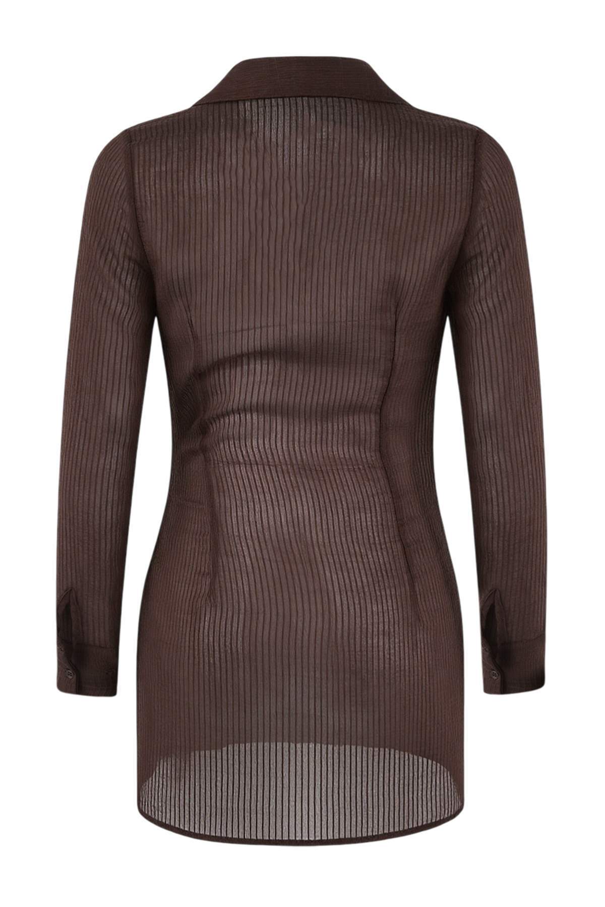 Trendyolmilla  Kahverengi Dokuma Mini Regular Tül Plaj Elbisesi TBESS26EL00026 - Görsel 4