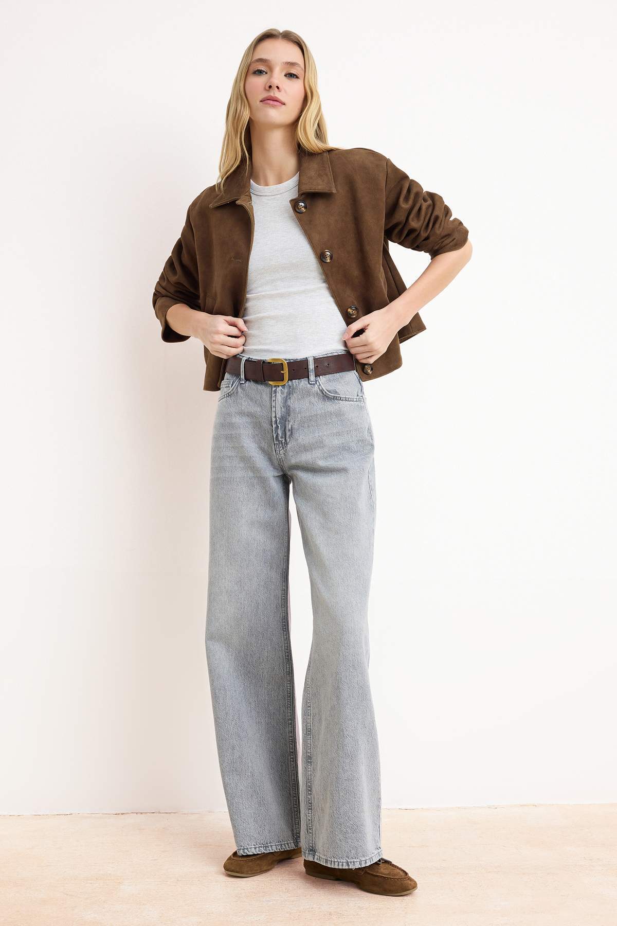 Trendyolmilla  Premium Gri Özel Kumaş Normal Bel 100% Pamuk Wide Leg Geniş Paça Jeans TWOSS26JE00156 - Görsel 6