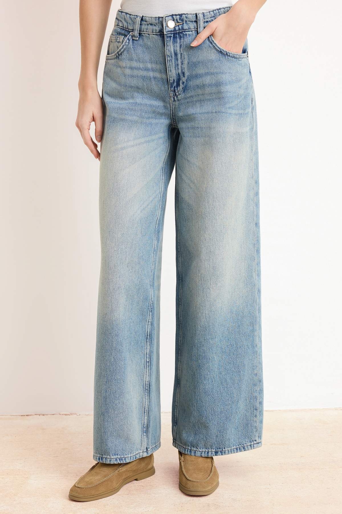 Trendyolmilla  Premium Mavi More Sustainable Özel Kumaş DÖKÜMLÜ Yüksek Bel %100 Pamuk Wide Leg Jeans TWOSS26JE00136 - Görsel 3