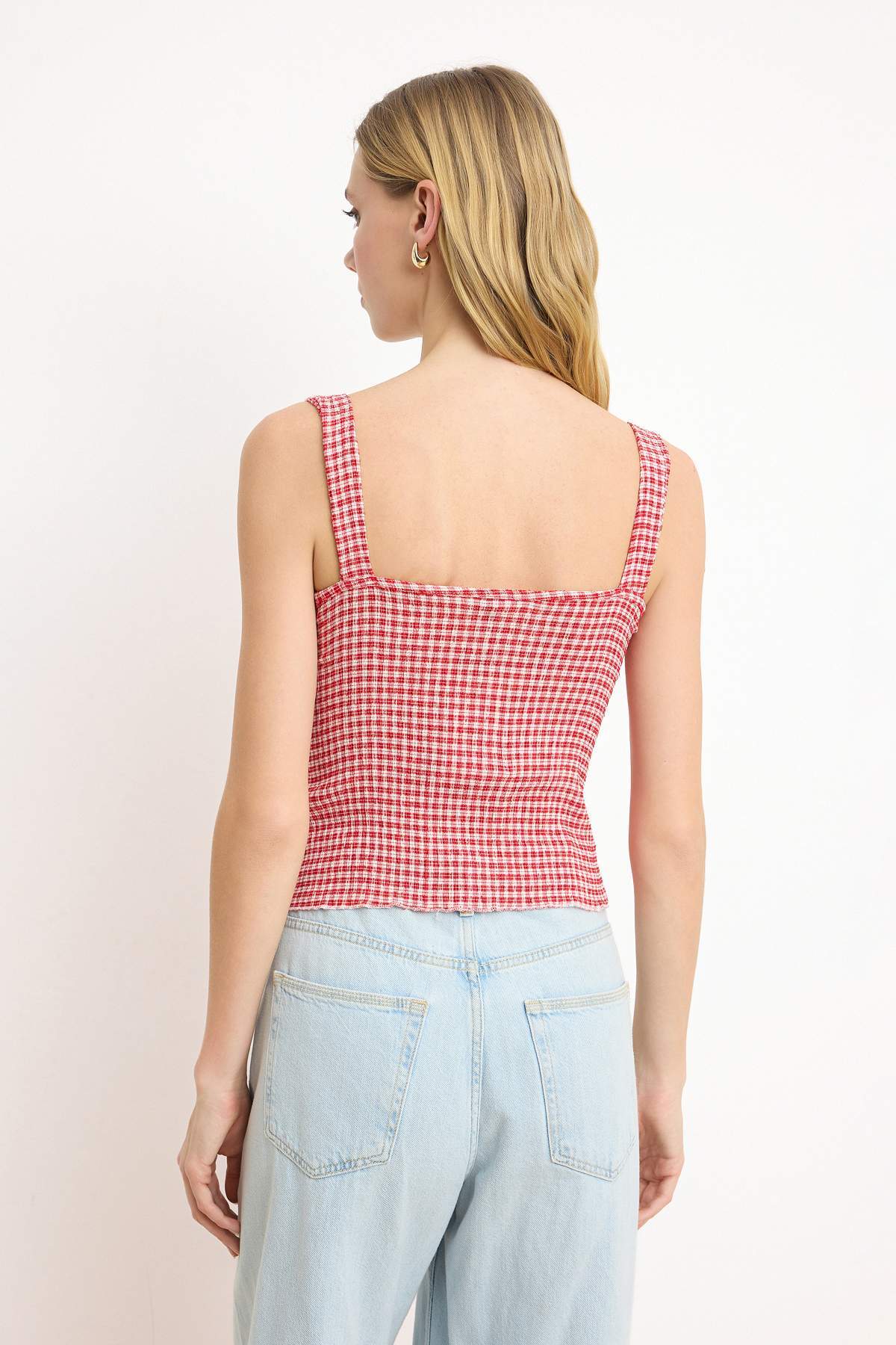 Trendyolmilla  Kırmızı Pöti Kare Desenli Bağlama Detaylı Esnek Örme Bluz TWOSS25BZ00234 - Görsel 4