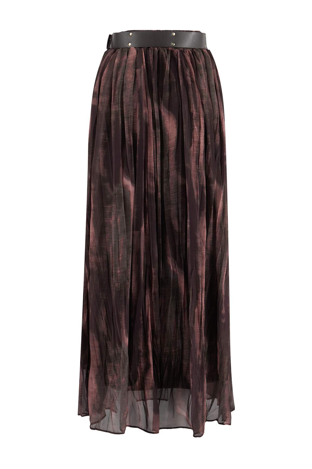 Trendyolmilla  Kahverengi Kemerli Şifon Kırışık Dokuma Uzun Etek TWOAW26ET00171 - Görsel 6